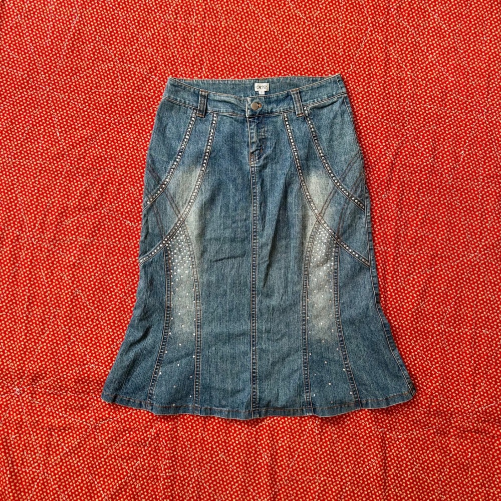 Cache Vintage Y2K Rhinestone Embellished Denim Midi Skirt Blue Size 2
